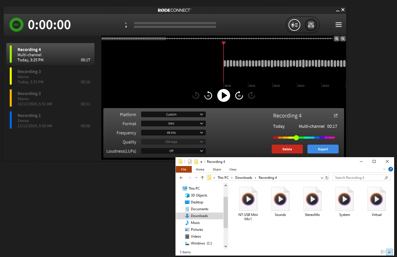 RØDE Connect export options open with a folder displaying multitrack audio files